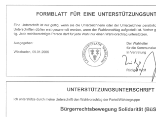 Formblatt für eine Unterstützungsunterschrift